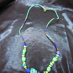 Turquoise, Lapis Lazuli & Carnelian Beaded Necklace Approximately 16" With Clasp